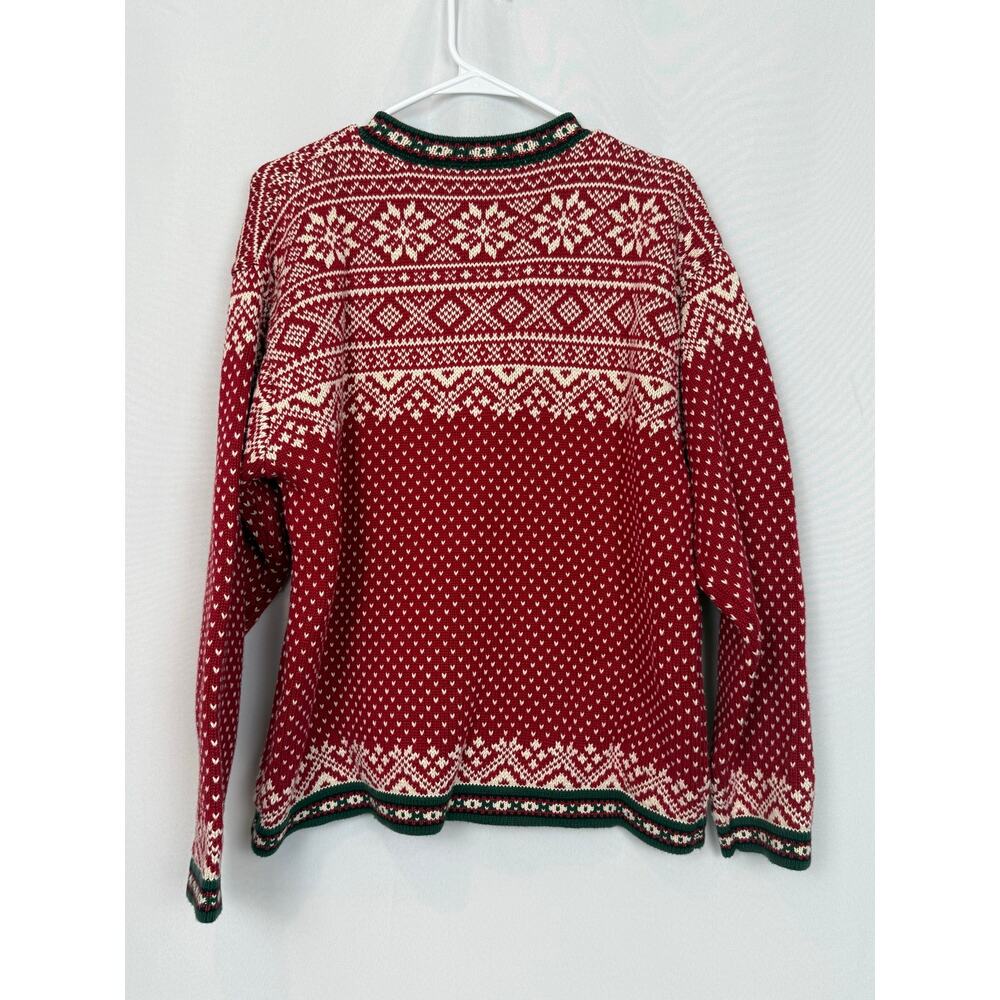 L.L.Bean Fair Isle Nordic Henley Sweater Large Red Cotton Snowflake - Picture 3 of 7